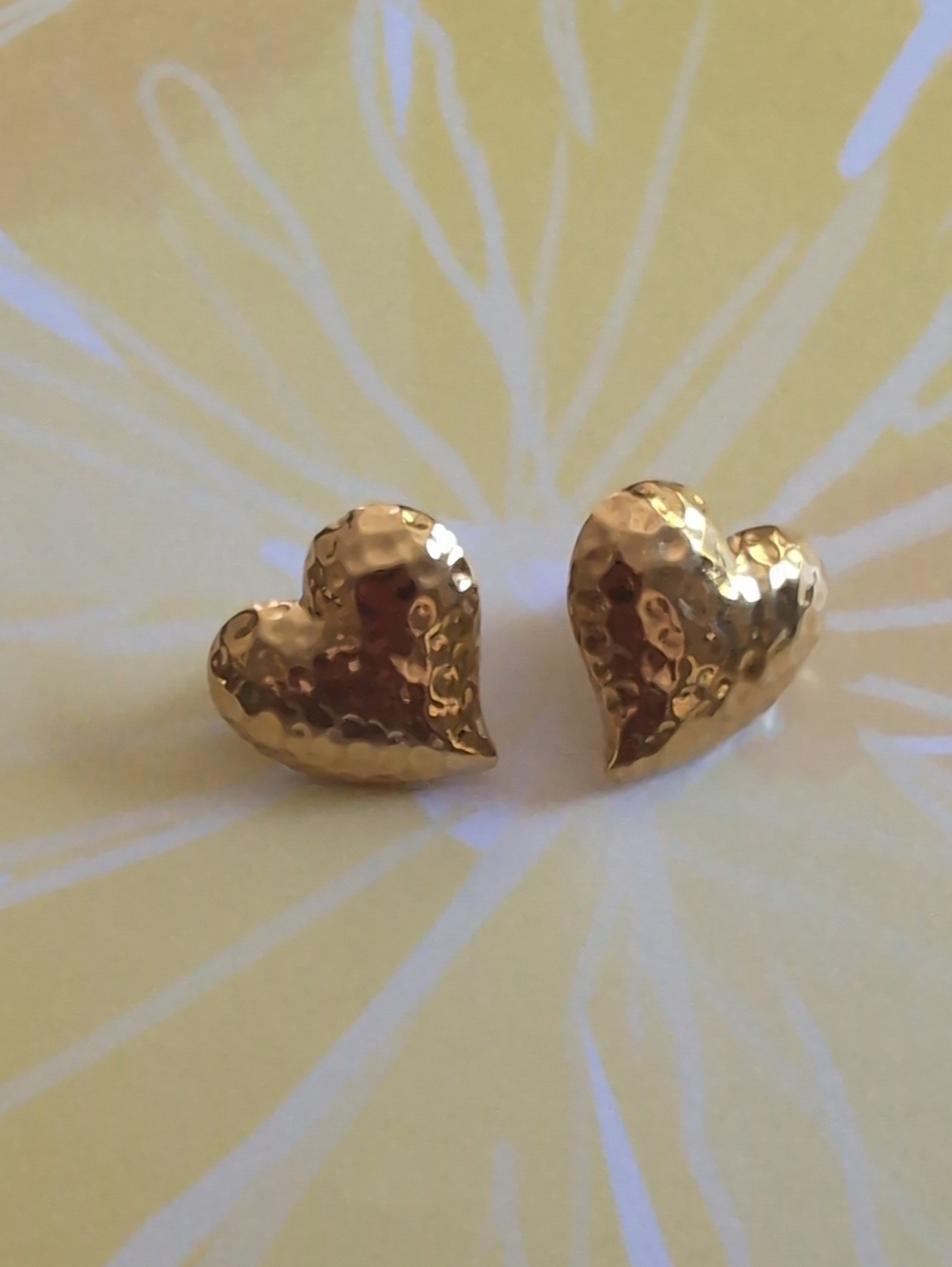 Gold Heart Stud Earrings - Hammered Finish